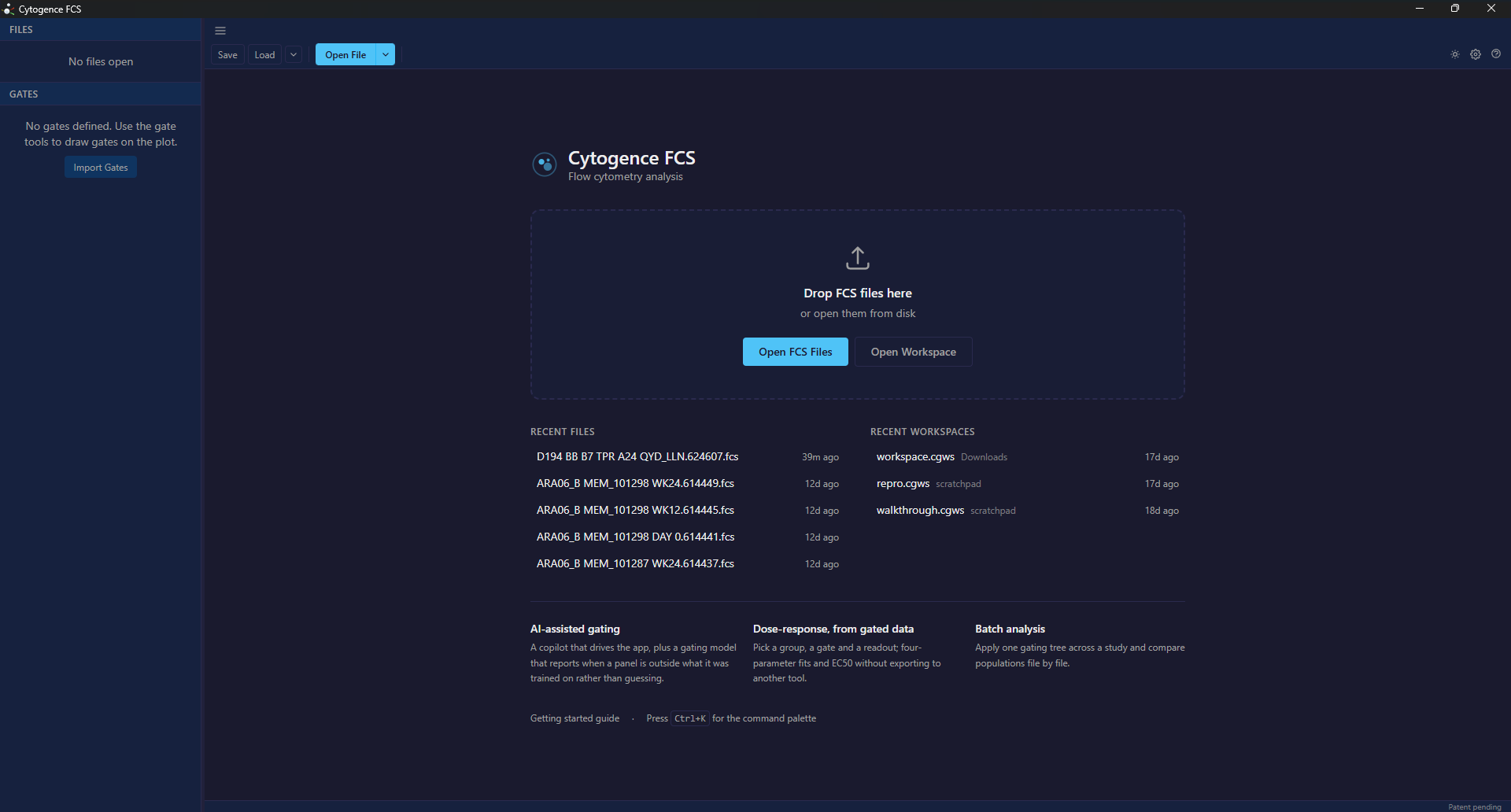 The Cytogence FCS start screen with drop target, recent files and recent workspaces