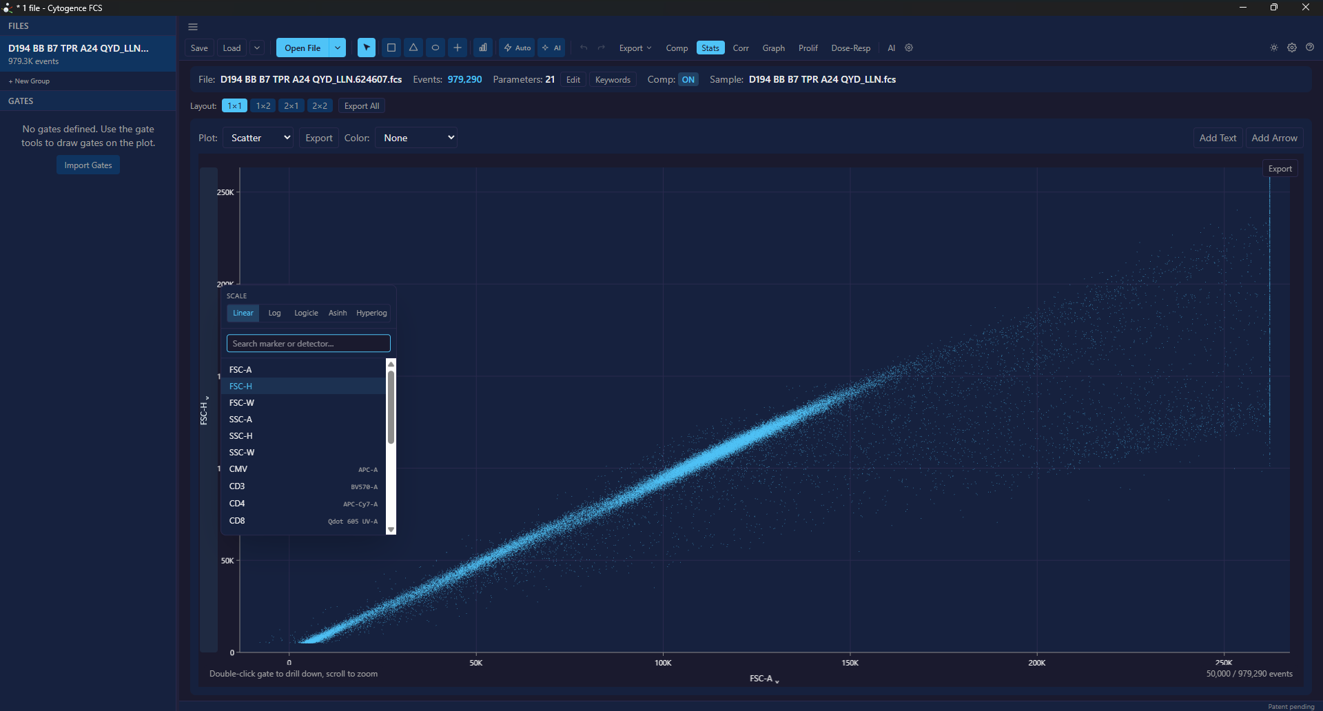 The axis picker showing the five scale options and a parameter list pairing marker names with detectors