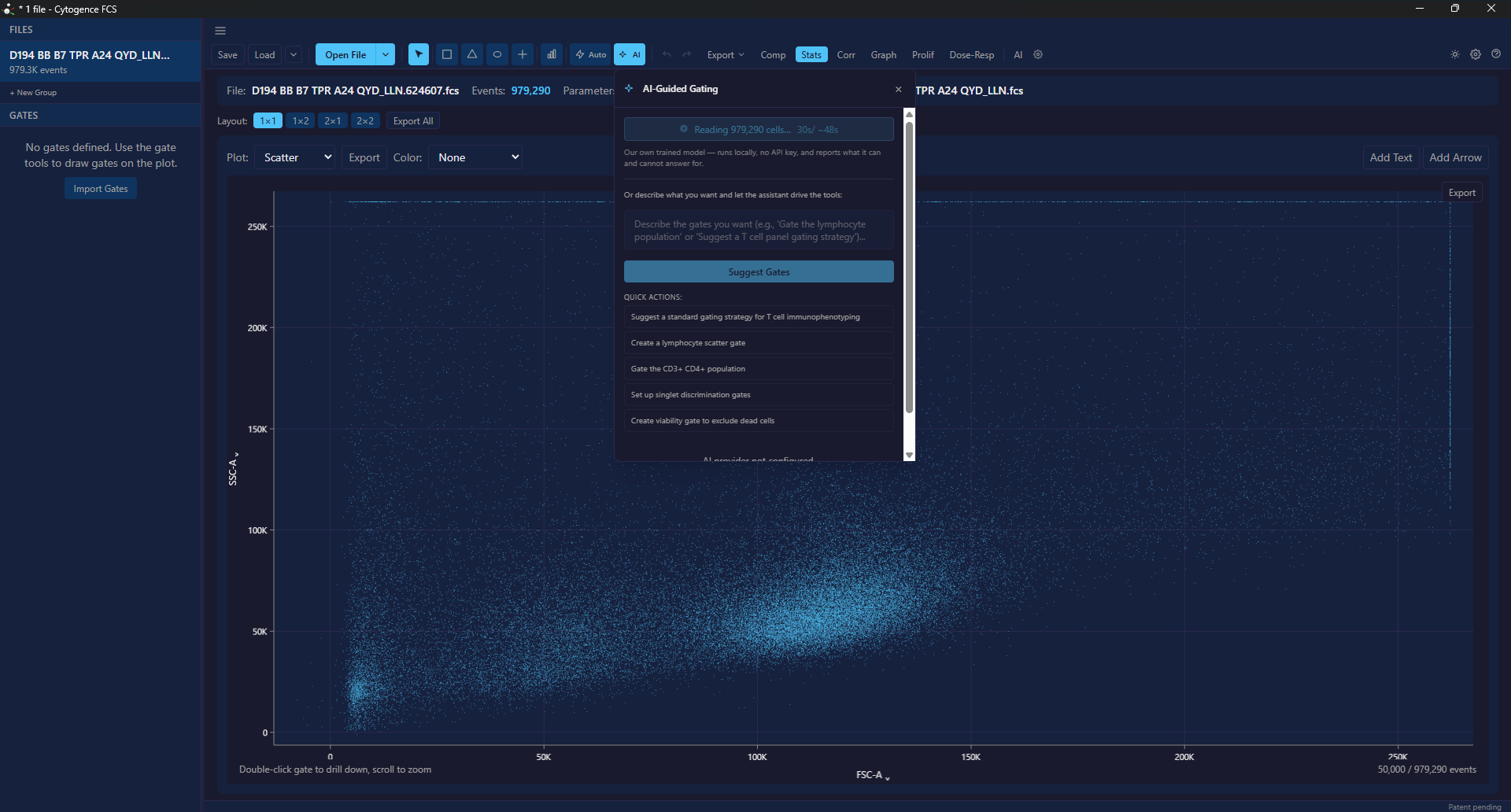AI-1 running on a 979,290-event file, showing elapsed time against an estimate